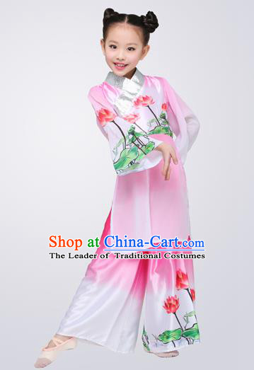 Top Grade Children Classical Dance Lotus Dance Pink Clothing, Chinese Stage Performance Folk Dance Costume for Kids