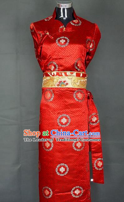 Chinese Traditional Zang Nationality Red Dress, China Tibetan Heishui Dance Brocade Costume for Women