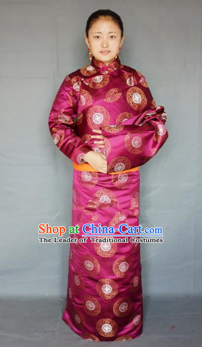 Chinese Traditional Zang Nationality Clothing Amaranth Tibetan Robe, China Tibetan Ethnic Heishui Dance Costume for Women