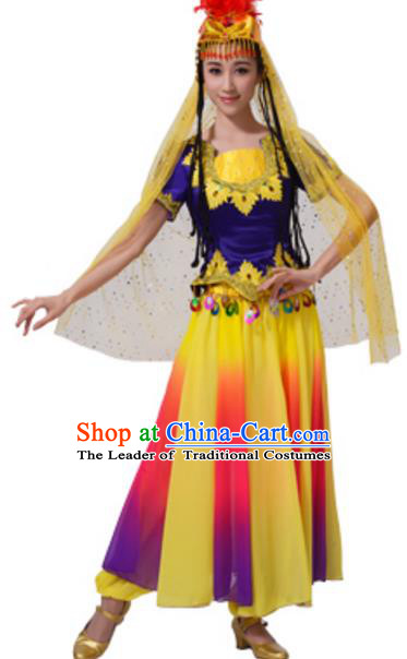 Chinese Traditional Uigurian Nationality Dance Clothing, China Uyghur Minority Folk Dance Costume and Headpiece for Women