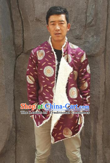 Chinese Traditional Zang Nationality Costume Purple Cotton-padded Jacket, China Tibetan Ethnic Clothing for Men