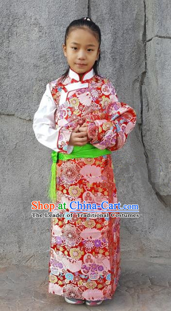 Chinese Traditional Zang Nationality Children Costume, China Tibetan Ethnic Red Brocade Dress for Kids