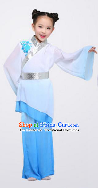 Top Grade Chinese Classical Dance Folk Dance Clothing Stage Performance Yangko Dance Blue Costume for Kids