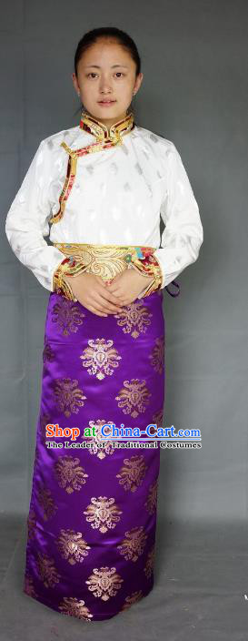 Chinese Traditional Zang Nationality Purple Brocade Skirt, China Tibetan Heishui Dance Costume for Women