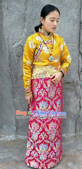 Chinese Traditional Zang Nationality Rosy Brocade Bust Skirt, China Tibetan Heishui Dance Costume for Women