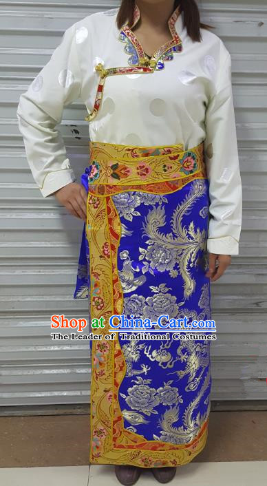 Chinese Traditional Zang Nationality Costume, China Tibetan Heishui Dance Royalblue Brocade Skirt for Women