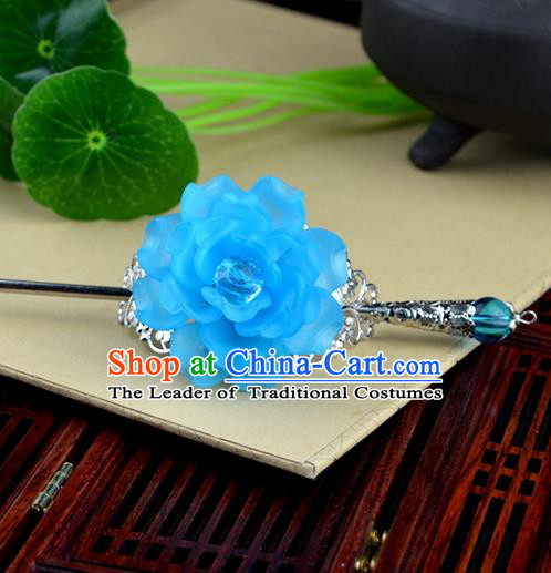 Chinese Traditional Ancient Hair Accessories Hanfu Hairpins Light Blue Peony Hairdo Crown Headwear for Women