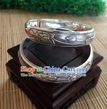Handmade Chinese Miao Nationality Sliver Bracelet Traditional Hmong Carving Lotus Bangle for Women