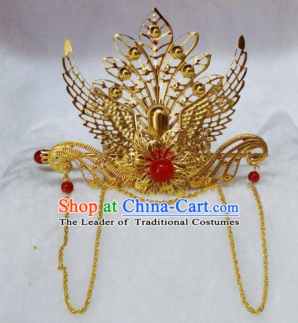Chinese Traditional Hair Accessories Ancient Bride Hairpins Red Beads Phoenix Coronet for Women