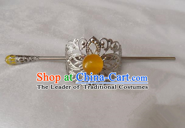 Chinese Traditional Ancient Handmade Yellow Bead Hairdo Crown Hair Accessories Swordsman Hairpins for Men