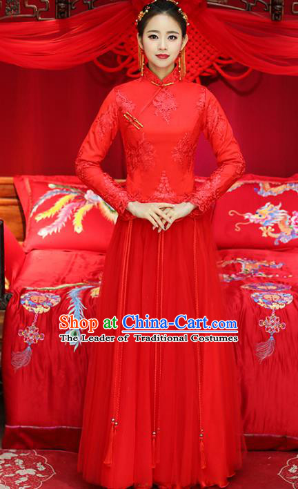 Top Grade Chinese Traditional Wedding Costumes Embroidered Xiuhe Suits Bride Toast Red Dress for Women