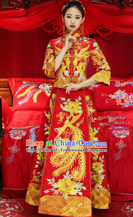 Top Grade Chinese Traditional Wedding Costumes Embroidered Phoenix Peony Xiuhe Suits Bride Toast Red Dress for Women