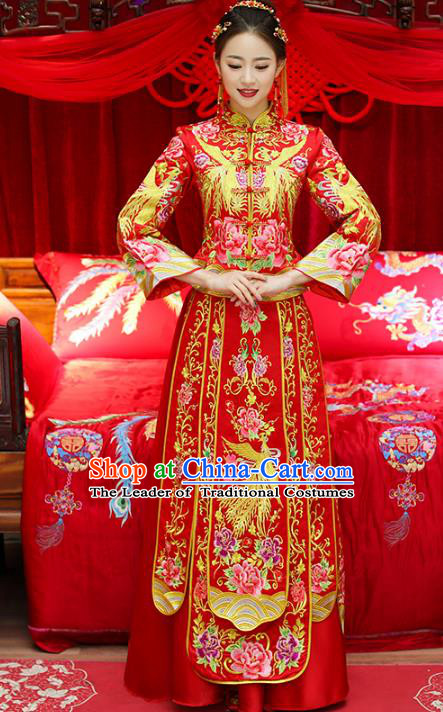 Top Grade Chinese Traditional Wedding Costumes Bride Embroidered Trailing Xiuhe Suits for Women
