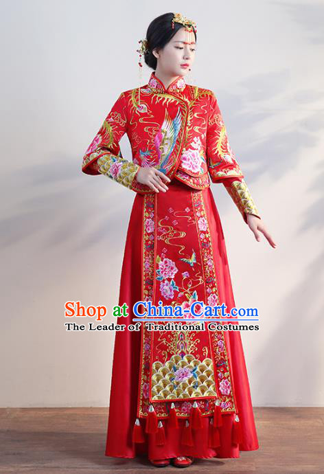 Chinese Traditional Wedding Costumes Longfeng Flown Bride Embroidered Phoenix Red Xiuhe Suits for Women