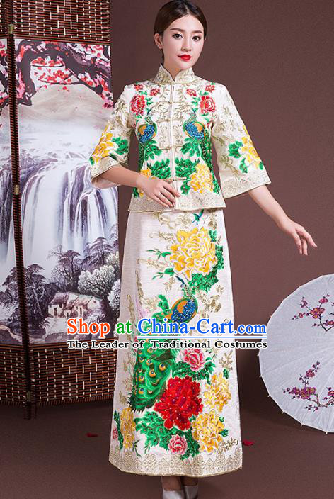 Chinese Traditional Wedding Costumes Longfeng Flown Bride Embroidered Peacock White Xiuhe Suits for Women