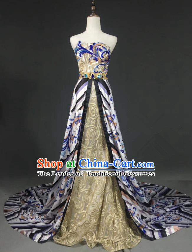 Top Grade Compere Stage Performance Customized Costume Models Catwalks Printing Full Dress for Women