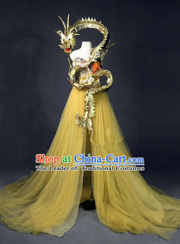 Top Grade Stage Performance Costume Models Catwalks Dragon Yellow Full Dress for Women