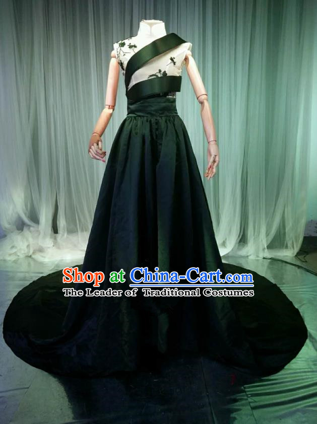 Top Grade Models Catwalks Costume Compere Stage Performance Black Trailing Full Dress for Women