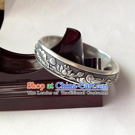 Handmade Chinese Miao Nationality Craft Carving Mandarin Duck Sliver Bracelet Traditional Hmong Bangle for Women