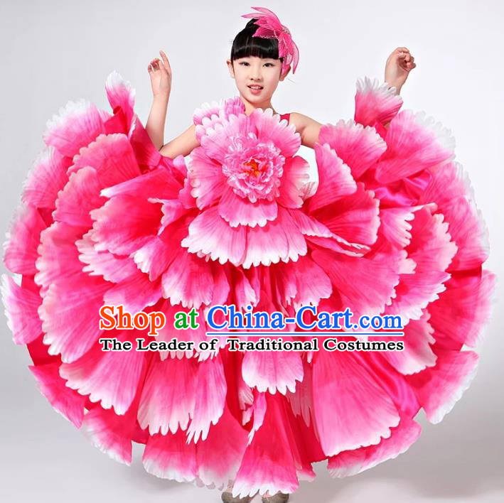 Children Models Show Costume Chinese Stage Performance Catwalks Folk Dance Pink Dress for Kids