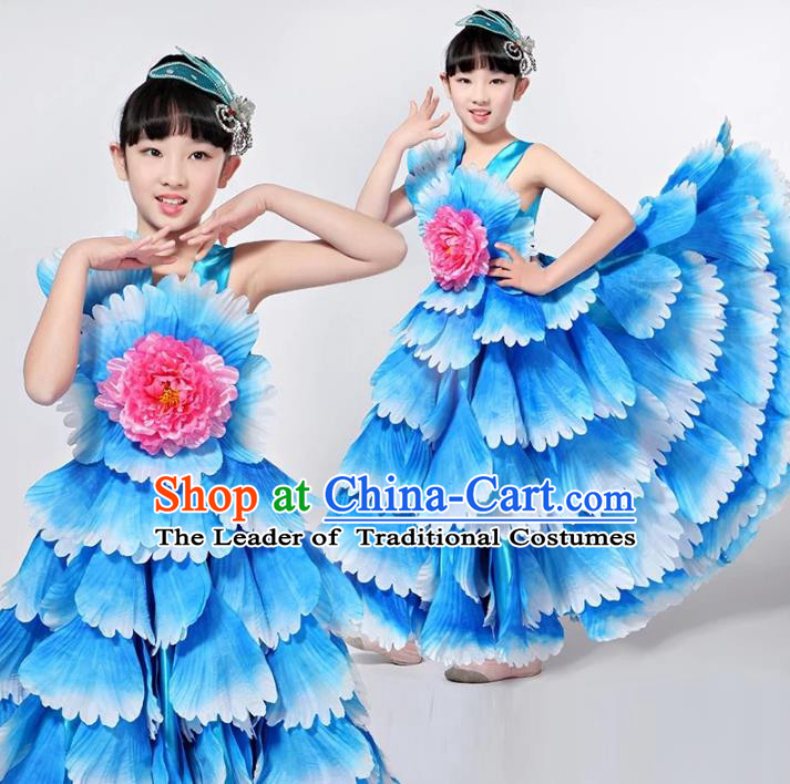 Children Models Show Costume Chinese Stage Performance Catwalks Folk Dance Blue Dress for Kids
