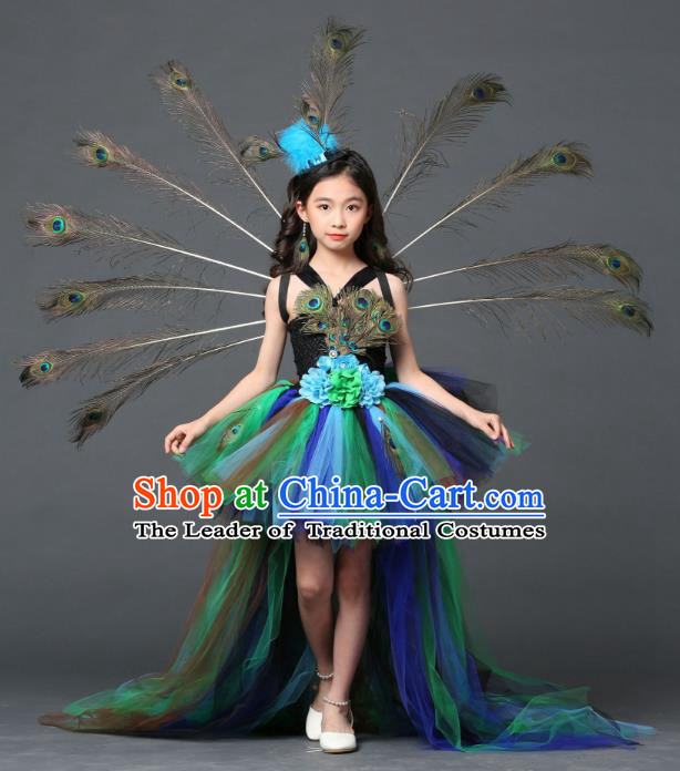 Children Models Show Costume Stage Performance Modern Dance Catwalks Peacock Feather Trailing Dress for Kids
