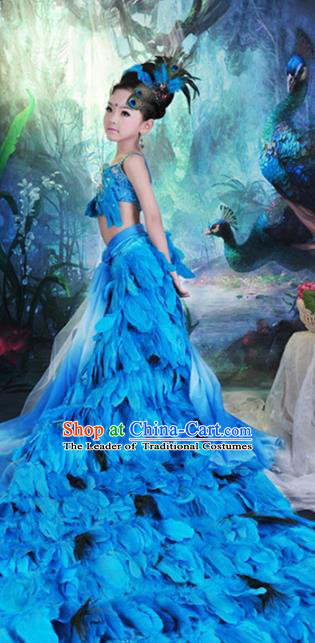 Children Models Show Costume Stage Performance Modern Dance Catwalks Blue Feather Peacock Trailing Dress for Kids