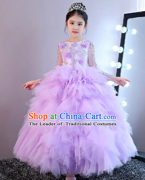 Children Models Show Costume Stage Performance Catwalks Purple Veil Dress for Kids