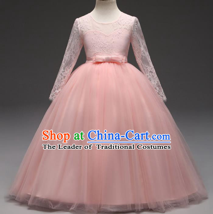 Children Models Show Costume Stage Performance Modern Dance Compere Pink Lace Veil Dress for Kids