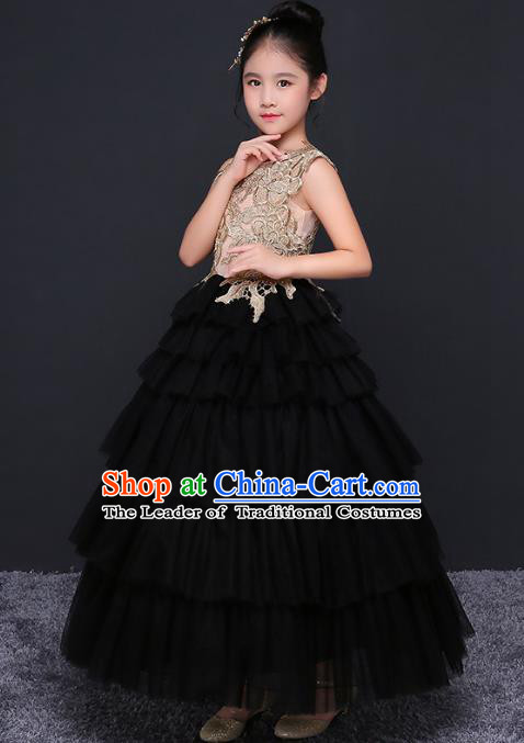 Children Models Show Costume Stage Performance Catwalks Black Veil Dress for Kids
