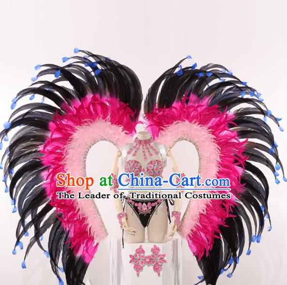 Top Grade Stage Performance Clothing Models Show Brazilian Rio Carnival Samba Dance Rosy Feather Costume and Wing for Women