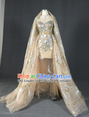 Top Grade Models Show Costume Stage Performance Catwalks Compere Golden Trailing Full Dress for Women