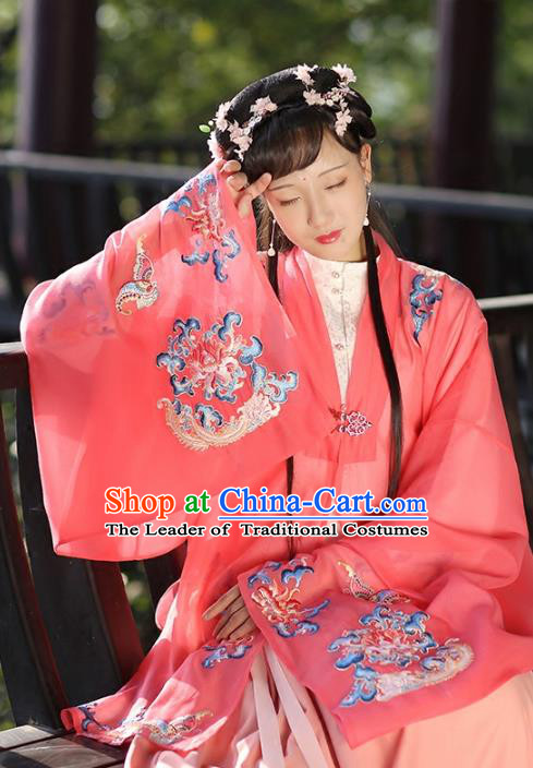 Ancient Chinese Ming Dynasty Palace Princess Costume Embroidered Red Cloak for Women