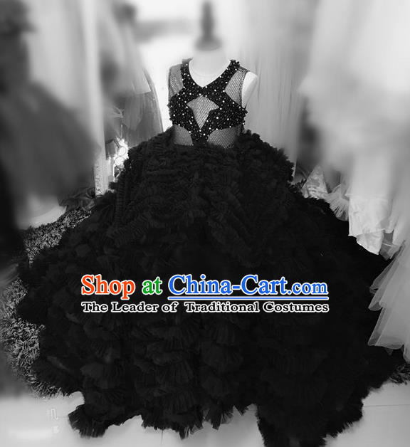 Children Models Show Costume Stage Performance Catwalks Compere Black Veil Mullet Dress for Kids