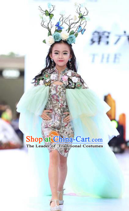 Children Models Show Costume Stage Performance Catwalks Compere Cheongsam Dress for Kids