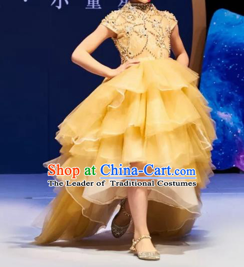 Children Models Show Costume Stage Performance Catwalks Compere Yellow Veil Mullet Dress for Kids