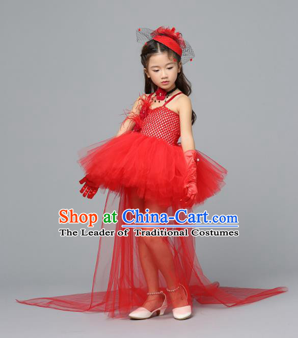 Children Models Show Costume Stage Performance Catwalks Compere Red Veil Trailing Dress for Kids