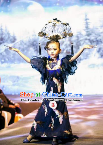 Children Models Show Costume Stage Performance Catwalks Compere Cheongsam Dress and Headpiece for Kids