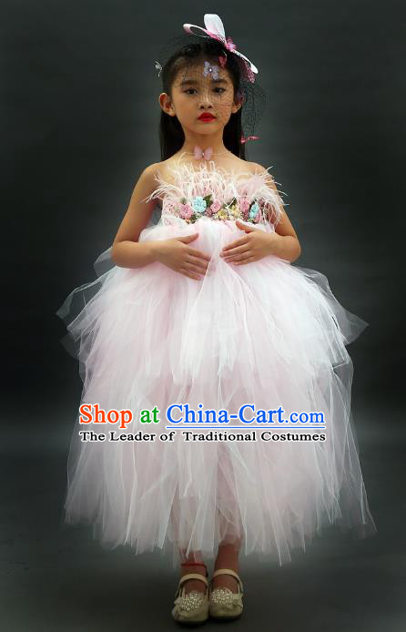 Children Models Show Costume Stage Performance Catwalks Compere Pink Veil Dress for Kids