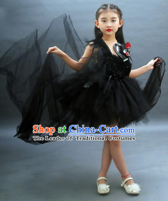 Children Models Show Costume Stage Performance Catwalks Compere Black Veil Dress for Kids