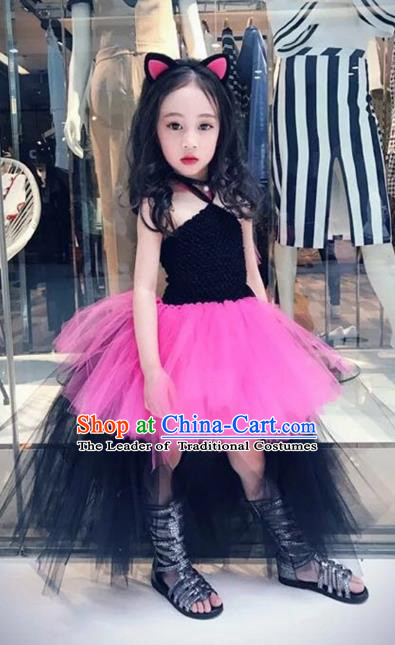 Children Models Show Costume Stage Performance Catwalks Compere Rosy Veil Bubble Dress for Kids