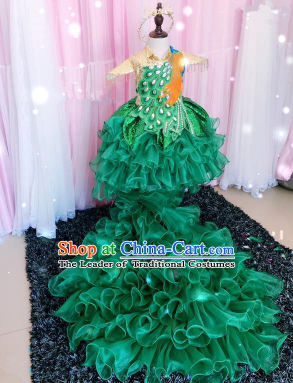 Top Grade Children Catwalks Costume Modern Dance Stage Performance Peacock Trailing Dress for Kids