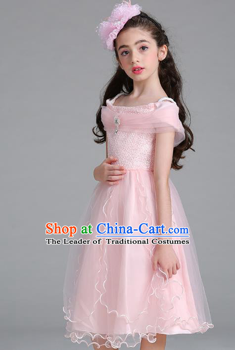 Children Models Show Compere Costume Stage Performance Catwalks Pink Full Dress for Kids