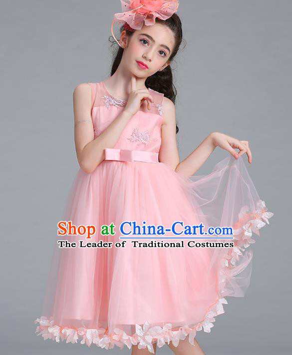 Children Models Show Compere Costume Stage Performance Girls Princess Pink Full Dress for Kids