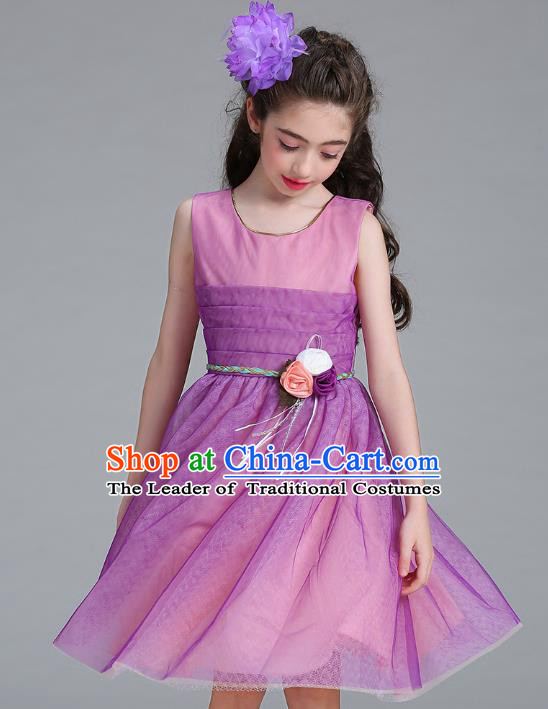 Children Models Show Compere Costume Stage Performance Girls Princess Rosy Dress for Kids