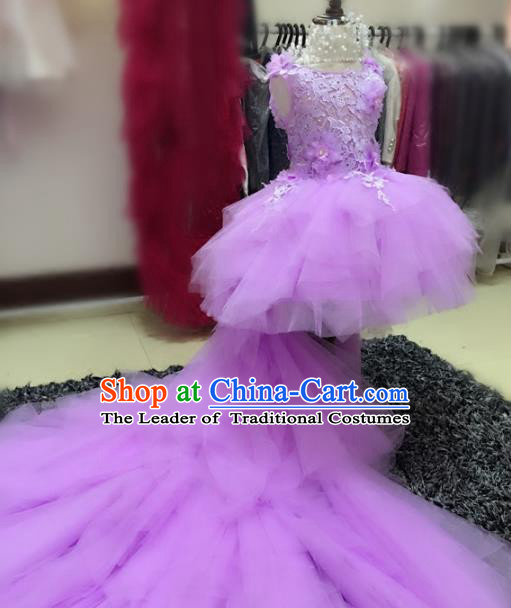 Children Models Show Compere Costume Girls Princess Purple Mullet Dress Stage Performance Clothing for Kids