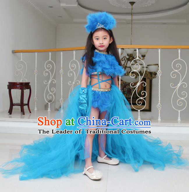 Children Models Show Compere Costume Girls Princess Blue Veil Mullet Dress Stage Performance Clothing for Kids