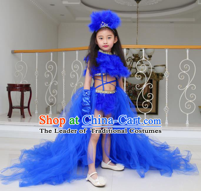 Children Models Show Compere Costume Girls Princess Royalblue Veil Mullet Dress Stage Performance Clothing for Kids