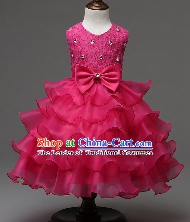 Children Fairy Princess Rosy Layered Dress Stage Performance Catwalks Compere Costume for Kids