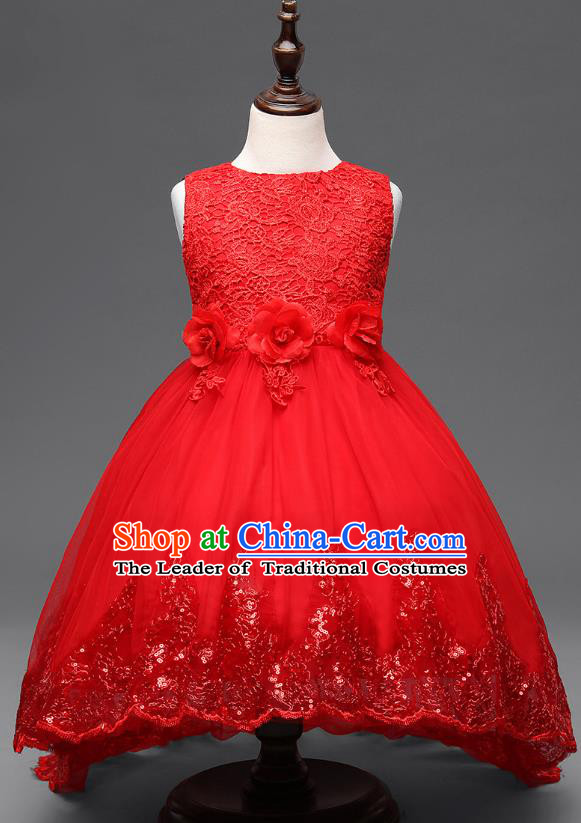 Children Fairy Princess Red Lace Dress Stage Performance Catwalks Compere Costume for Kids
